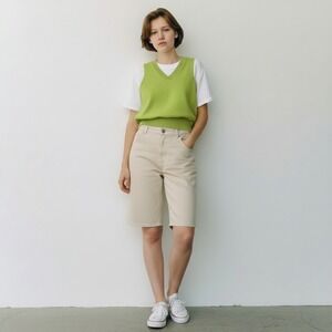 Lime‎ Green V-Neck Cropped Sweater Vest Size OS Slit Hem Preppy Tomboy